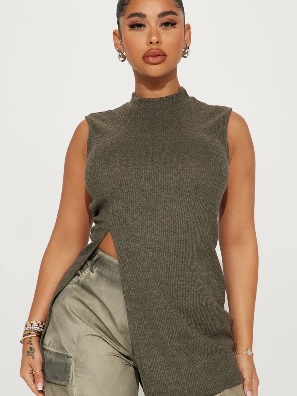 Fashion Nova Olive Ribbed Mock Neck Sleeveless Tank with Side Slit